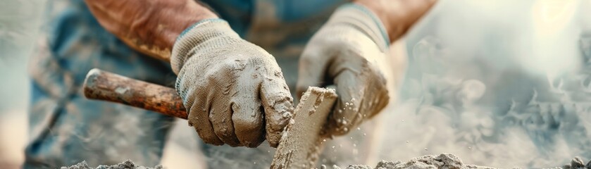 Skilled Construction Worker Applying Mortar to Bricks with Trowel - Close-up of Hands in Protective Gloves for Bricklaying Project