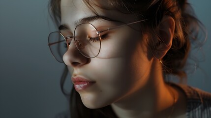 Fototapeta premium Portrait of young woman with glasses and closed eyes : Generative AI
