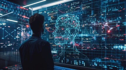 A man is looking at a computer screen with a brain image