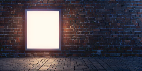 White square light box mounted on a brick wall near a sidewalk, glowing softly, awaiting advertisement