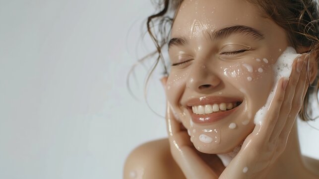 Close up portrait of beautiful woman clean her skin with cleansing gel washing face and smiling from pleasure standing over white background : Generative AI