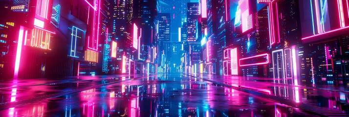 Fototapeta premium Neon lights in architectural shapes, forming an abstract cityscape that glows with urban energy.