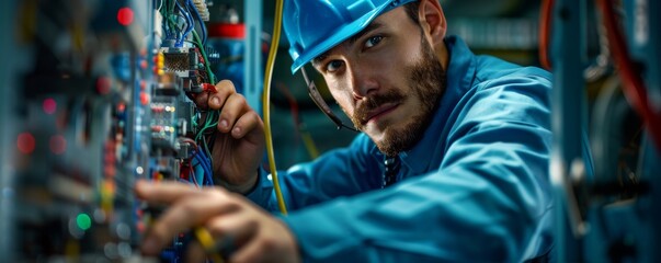 Master Electrician Expertly Navigating Intricate Wiring Project in Industrial Environment, showcasing Precision and Skill