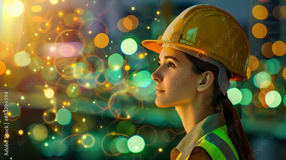 Aufkleber portrait of beautiful architect or civil engineer wearing hardhat with green bokehs background engin