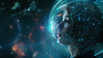 A woman is looking at a computer screen with a blue background