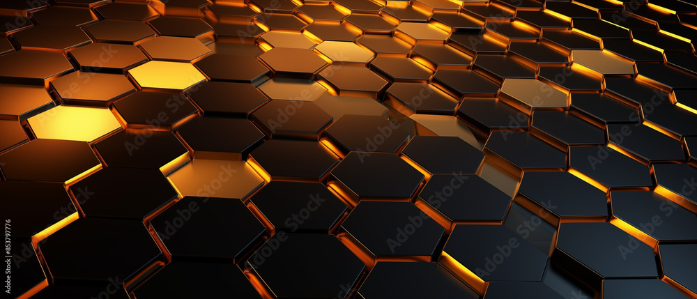 Poster Sleek Metallic Hexagonal Grid with Golden Highlights