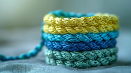 A close-up shot of green,blue and yellow friendship bracelets arranged on a neutral background with a subtle, soft shadow, symbolizing unity and harmony in celebration of International Friendship Day.