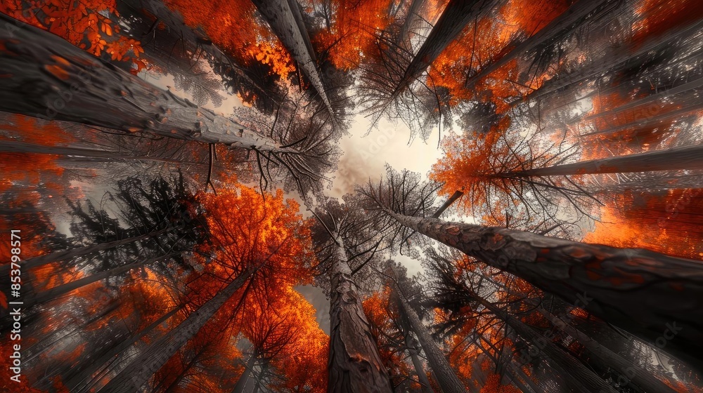 Poster Stunning view of a forest looking up at tall trees with bright red leaves and a dramatic sky, creating a surreal and captivating autumn scene.