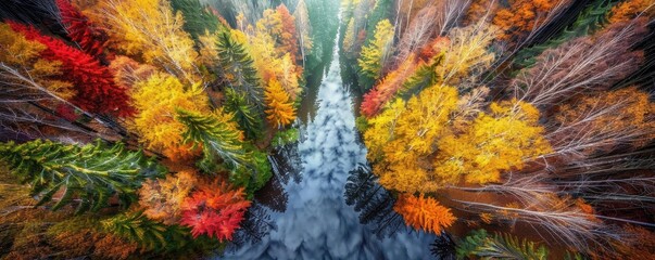 Aerial view of a vibrant autumn forest with a stream flowing through, showcasing colorful foliage in reds, yellows, and greens.