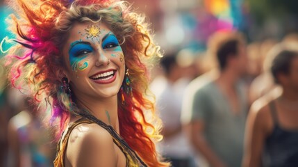A beautiful young woman having fun at street festivals and carnivals.