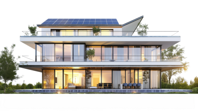 Modern real estate house with solar panels, on transparent background