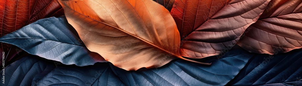 Aufkleber abstract image of vibrant red, orange, and blue leaves in a close-up view showing texture and color 