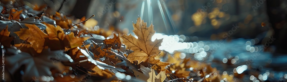 Poster Autumn leaves scattered on the forest floor with sunlight filtering through the trees, creating a serene nature scene by a flowing stream.