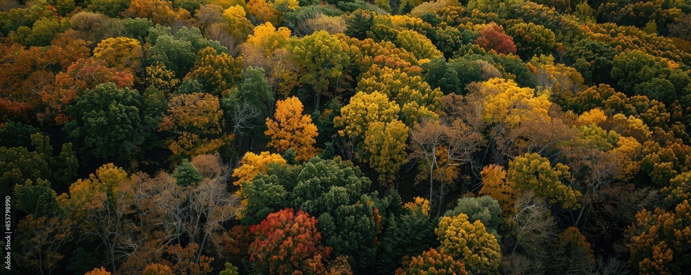 Aufkleber a stunning aerial view of a dense forest showcasing an array of vibrant autumn colors in the leaves,