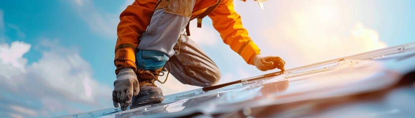 Fototapeta premium Master Roofer Installing Skylight with Precision and Craftsmanship | Close-up of Intricate Skylight Frame and Roof Details