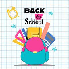 Cover design on the theme Back to School. School backpack with stationery on the background in bright colors. Checked notebook as a background