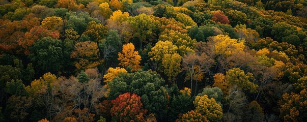 A stunning aerial view of a dense forest showcasing an array of vibrant autumn colors in the leaves, offering a picturesque display of nature.