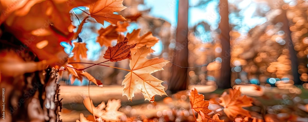 Poster beautiful autumn park scene with colorful leaves on trees and ground, showcasing the vibrant colors 