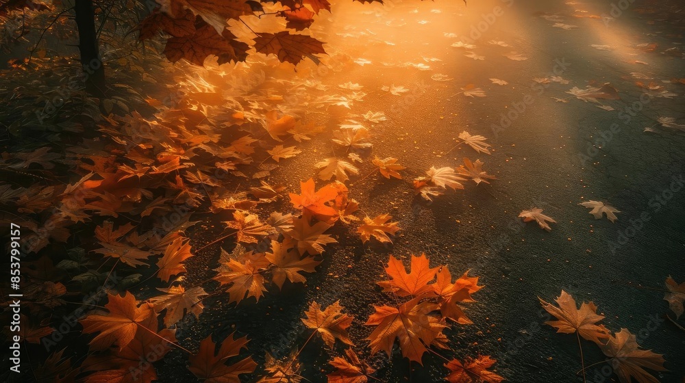 Poster warm autumn sunlight filtering through trees, casting a golden glow on fallen leaves on a serene for