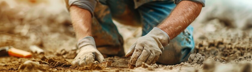 Precise Construction Worker Leveling Ground for Foundation Work with Focus and Dedication