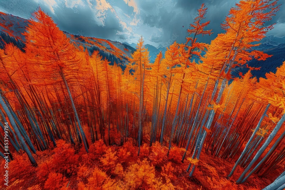 Aufkleber Vibrant autumn forest with orange trees under cloudy sky, creating a striking contrast between warm foliage and moody atmosphere.
