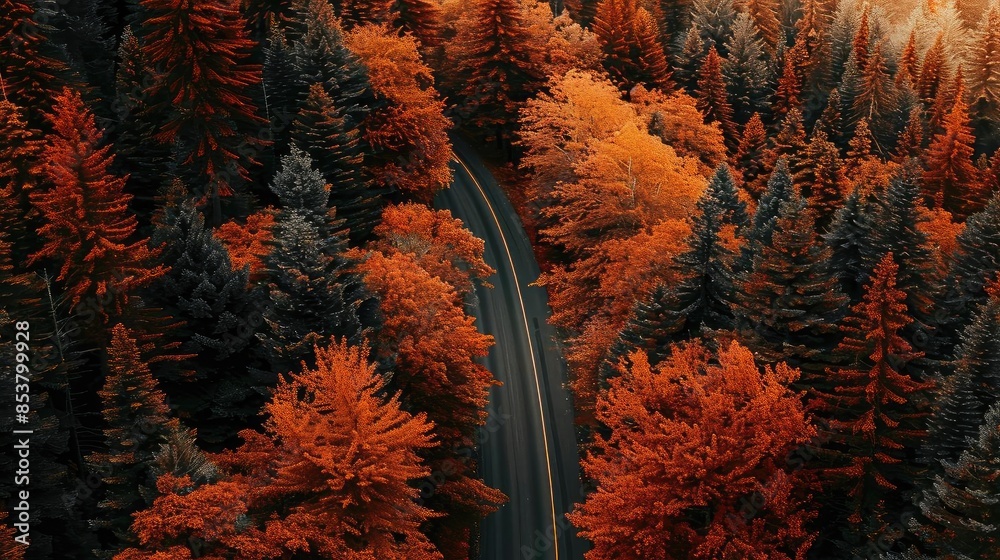 Poster aerial view of a winding road through a forest in autumn, with trees displaying vibrant red and oran