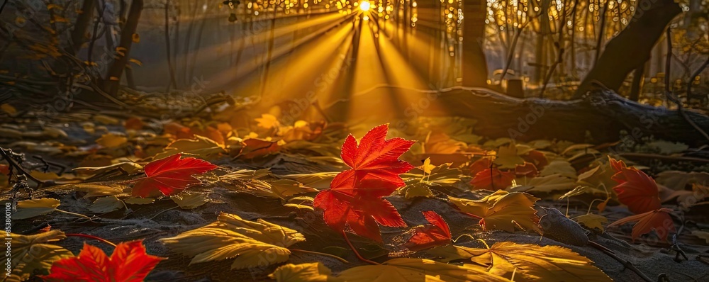 Poster Golden sunlight filters through trees, illuminating red autumn leaves on a forest floor, creating a tranquil and mesmerizing scene.