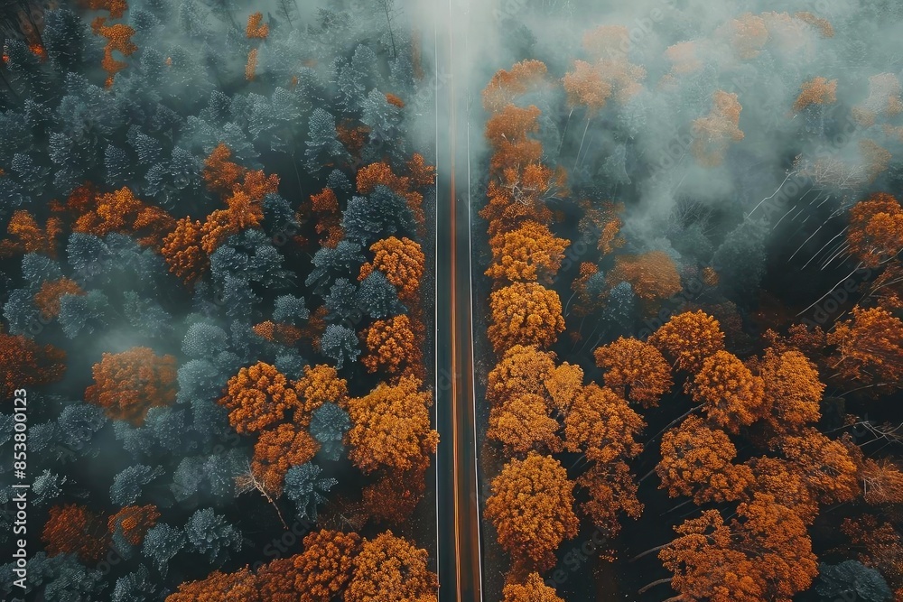 Poster Aerial view of a foggy autumn forest with colorful trees and a road cutting through, creating a mesmerizing natural landscape.