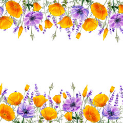 Wildflowers california poppies, anemones and lavender border. Wildherbs template, watercolor orange and blue flowers.