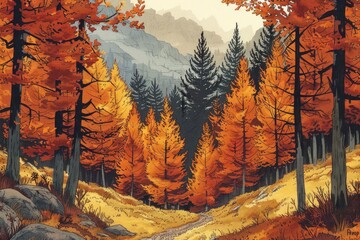 A stunning autumn forest landscape with vibrant orange and yellow foliage, set against a backdrop of distant mountains under a cloudy sky.