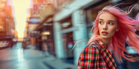 Woman with pink hair walking in vibrant city street