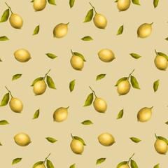 Obraz premium Summer Yellow Lemon with bright green leaves on yellow background, hand draw seamless pattern