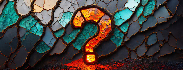 Vibrant stained glass artwork featuring a glowing question mark on a lava-like surface, merging art with elements of nature power.