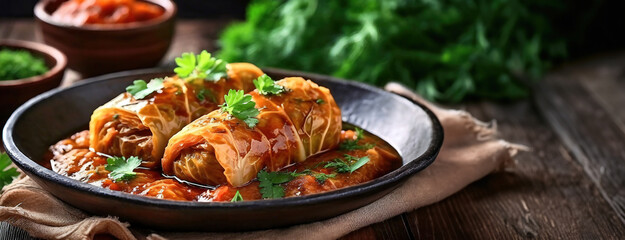 Stuffed cabbage rolls filled with rice on a rustic table, garnished with fresh herbs, offering a delicious and hearty meal presentation.