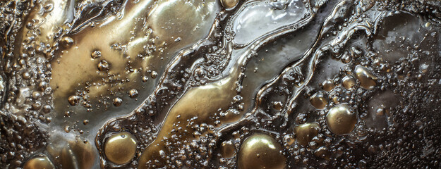 Top down view of a liquid mercury texture, offering an abstract and intriguing background with its smooth and reflective surface.