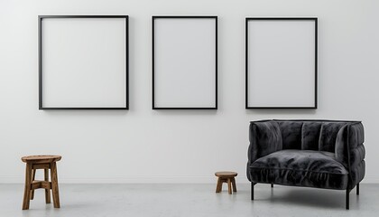 Two square frames on a white wall in a minimalist living room with a dark gray velvet armchair and a small wooden stool.