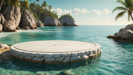 A minimalist round display stand set on a rock with palm leaves in the foreground, overlooking a serene ocean backdrop, perfect for product presentations.