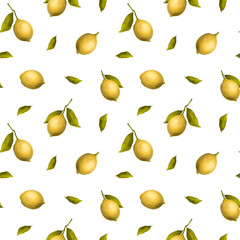 Obraz premium Summer Yellow Lemon with bright green leaves on light background, hand draw seamless pattern