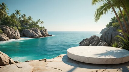 A minimalist round display stand set on a rock with palm leaves in the foreground, overlooking a serene ocean backdrop, perfect for product presentations.