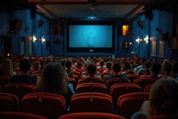A movie theater with a large audience watching a movie