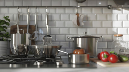 A modern kitchen setting features stainless steel cookware on a stove, fresh vegetables on the counter, and sleek white subway tiles as the backdrop.