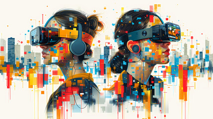 Colorful digital art illustrating the fusion of technology and innovation with virtual reality and augmented reality. Two women with VR headsets and AR applications, immersive tech experiences.