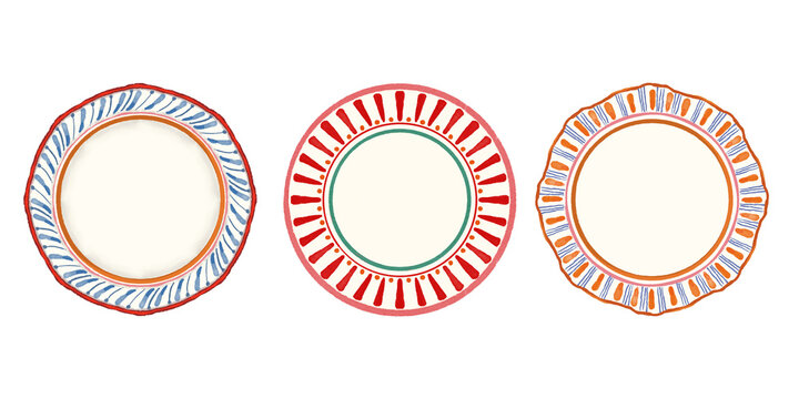plate, dish decoration, restaurant decoration, retro, vintage, summer, ceramic, pattern cafe hand drawn illustration on transparent background