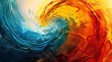 captivating abstract digital painting featuring a swirling vortex of vibrant colors. The composition blends fiery reds, oranges, and yellows with cool blues and teals, creating a dynamic and energetic