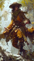 A man in a yellow outfit is holding a crystal ball