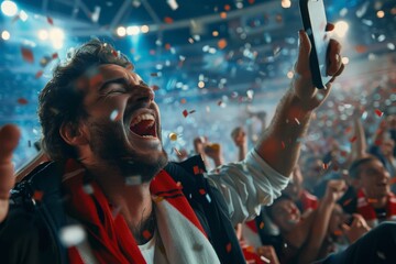 Obraz premium Portrait of happy screaming man at football stadium with phone in hands. Betting on sports. Victory in lottery, online betting on sports, bookmaking companies, predictions, sporting events