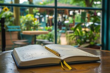 A book is open on a table with a yellow pencil on the page