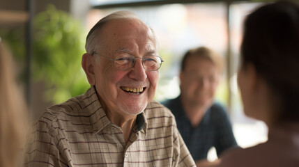 A smiling elderly woman sorts through a cardboard box of colorful clothes in a cozy room, creating an atmosphere of contentment and nostalgia.