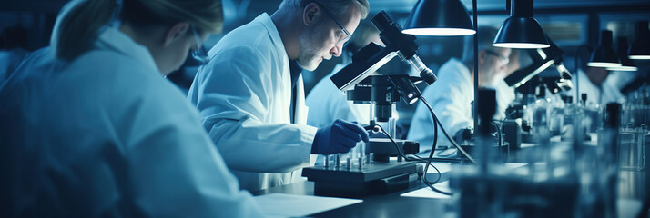 A late night of discovery in a modern laboratory. A scientist examines a sample under a microscope, surrounded by colleagues in a laboratory setting