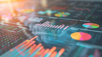 Colorful data charts and graphs overlap in a vibrant, high-tech visual display, depicting complex financial and statistical information.